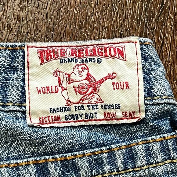 VTG TRUE RELIGION Low Rise Flared Leg Bobby Big T Distressed Jeans  Y2K  SZ 27P - Picture 6 of 10